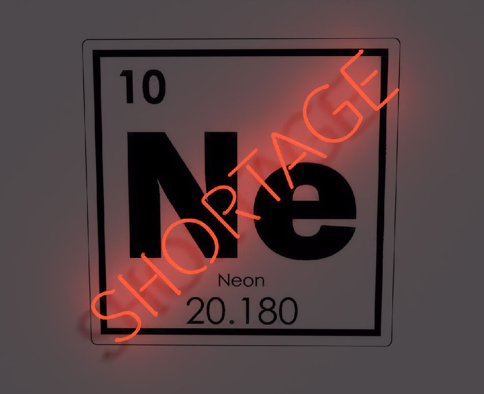 Neon shown on the periodic table with the word "shortage" in red overlaid